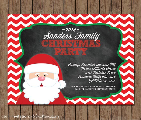 Santa Chevron Chalkboard Invitation - PRINTABLE - Christmas Party - Choose Digital or Printed with Envelopes - Backside Design Included Il_570xn