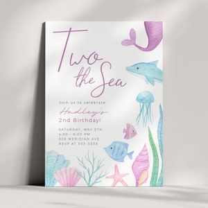 Two the Sea Invitation - Under the Sea Party - 2nd Birthday Invitation - Second Birthday Party - Watercolor Sea Animals - EDITABLE - DIY
