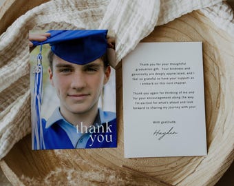 Tarjeta de agradecimiento de graduación editable con foto / Nota de agradecimiento moderna / Tarjeta de agradecimiento personalizada para graduados / Plantilla de Canva / CUALQUIER COLOR
