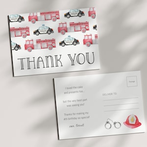 Cartão postal editável de agradecimento da festa da polícia e do caminhão de bombeiros - Cartão de agradecimento da festa de aniversário do bombeiro policial - 4x6 - para impressão - modelo
