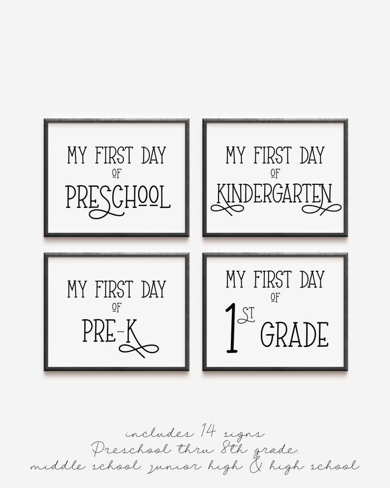 My First Day of School Sign Preschool through High School Printable Minimalist Black and White Set of 14 signs INSTANT DOWNLOAD image 1