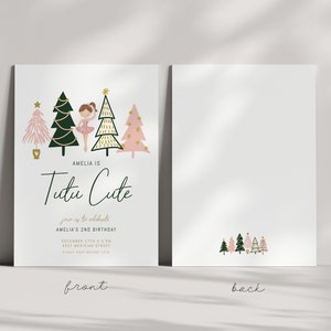 May include: A pink and green Christmas-themed invitation with a ballerina illustration. The text reads "Amelia is Tutu Cute, join us to celebrate Amelia's 2nd Birthday, December 17th 3:00 PM, 457 Meridian Street, RSVP before 12/1".