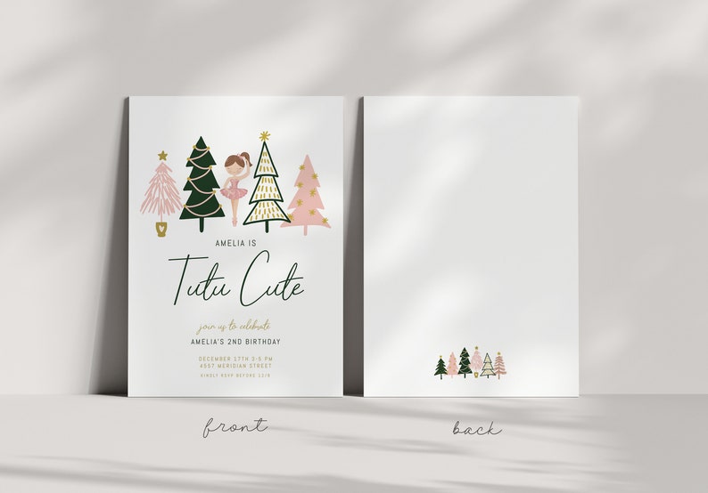 May include: A pink and green Christmas-themed invitation with a ballerina illustration. The text reads "Amelia is Tutu Cute, join us to celebrate Amelia's 2nd Birthday, December 17th 3:00 PM, 457 Meridian Street, RSVP before 12/1".