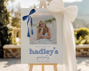 Navy Blue Bow Graduation Welcome Sign, Canva Template, Editable Grad Party Sign, Arch Photo Aesthetic Decor, Coquette Bow