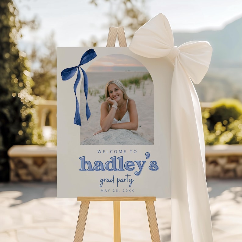 Navy Grad Sign Navy Blue Bow Graduation Welcome Sign, Canva Template, Editable Grad ...