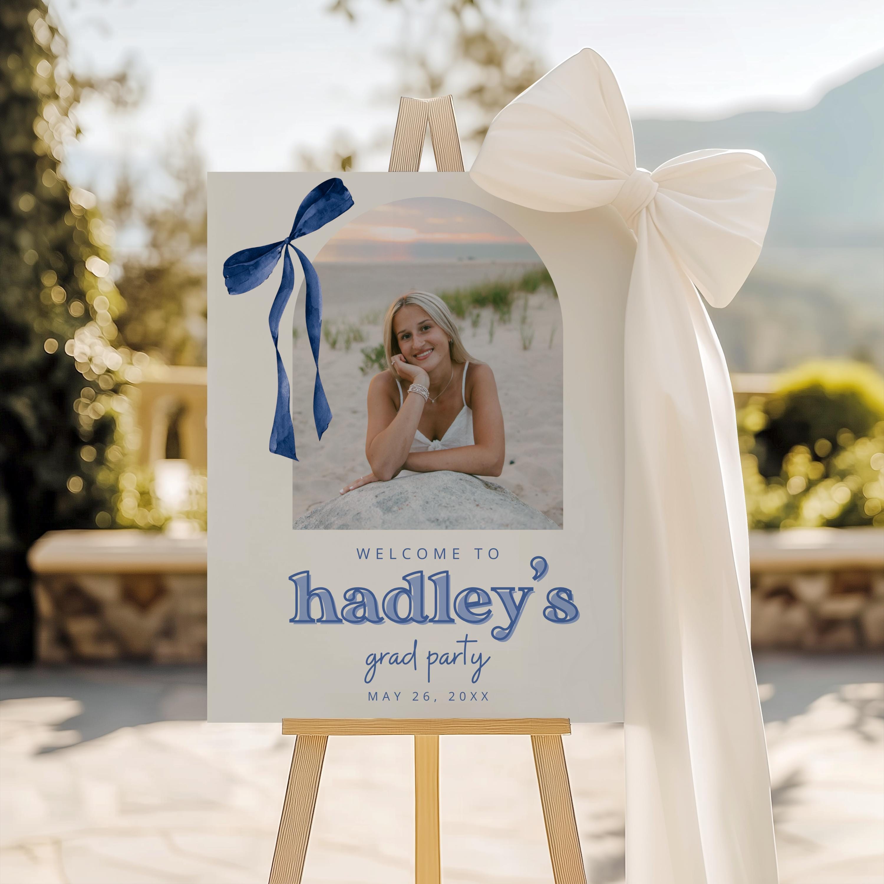 Navy Blue Bow Graduation Welcome Sign, Canva Template, Editable Grad ...