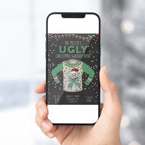 May include: A digital invitation for a Christmas sweater party. The invitation features a green and red Christmas sweater with a cat wearing a Santa hat. The text on the invitation reads "The Miller's Ugly Christmas Sweater Bash" and includes the date, time, and location of the party.