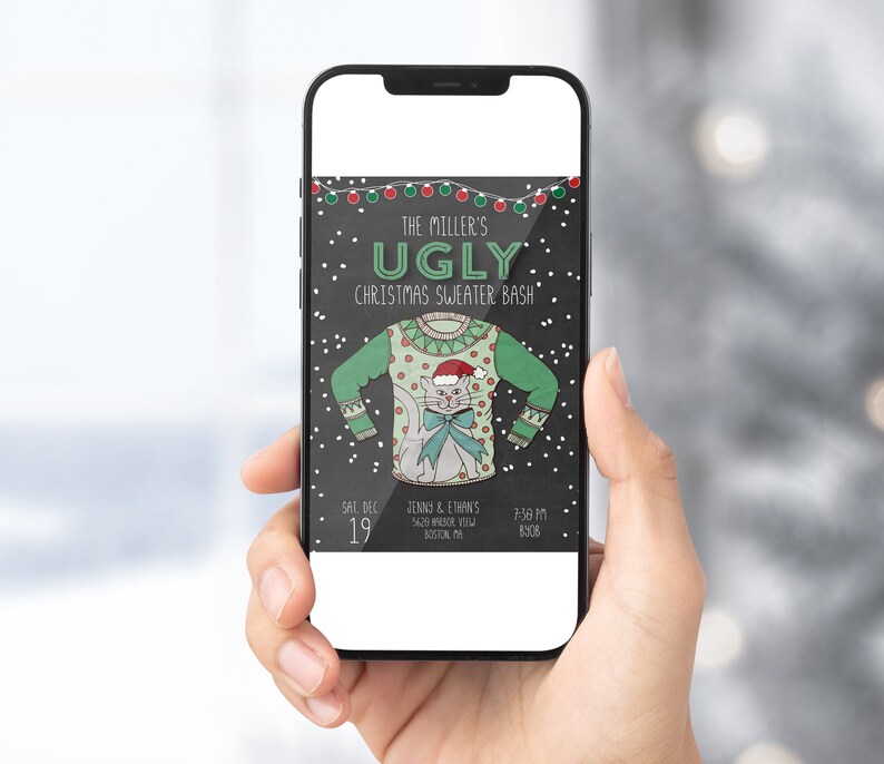 May include: A digital invitation for a Christmas sweater party. The invitation features a green and red Christmas sweater with a cat wearing a Santa hat. The text on the invitation reads "The Miller's Ugly Christmas Sweater Bash" and includes the date, time, and location of the party.