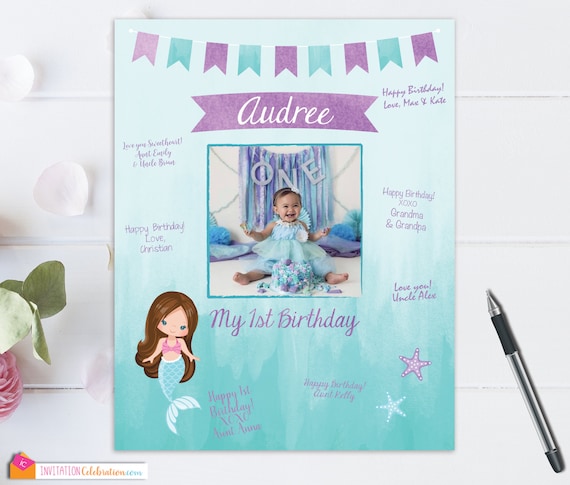 Mermaid Party - Signature Mat - Wishes - Guest Book - Personalized - Turquoise Purple Watercolor - Birthday Board - Mermaid Birthday Il_570xn
