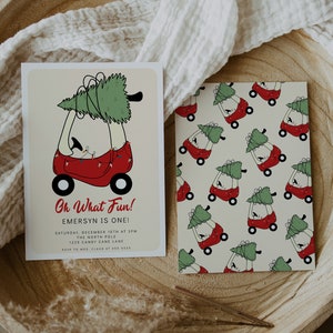First Birthday Christmas Invitation - Toy Car Christmas Tree - December First Birthday Invite - Modern - Printable - Editable Template - DIY