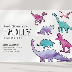 Dinosaur Invitation - Girl Dino Party - Pink Purple - T Rex - Modern Dinosaur - Watercolor - Invite - EDITABLE Template