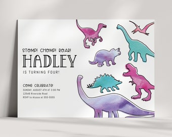 May include: A birthday invitation with a watercolor dinosaur theme. The invitation says "Stomp! Chomp! Roar! Hadley is turning four! Come celebrate! Sunday, August 4th at 3:00 PM 12546 Riverside Road RSVP to Alyssa at 555-5555"