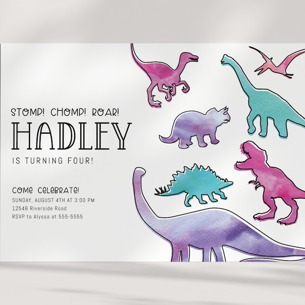 Dinosaur Invitation - Girl Dino Party - Pink Purple - T Rex - Modern Dinosaur - Watercolor - Invite - EDITABLE Template