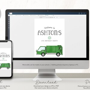 May include: Editable printable invitation for a 4th birthday party. The invitation features a green garbage truck with a recycle symbol and the text "Welcome to Ashton's 4th Birthday Party!"