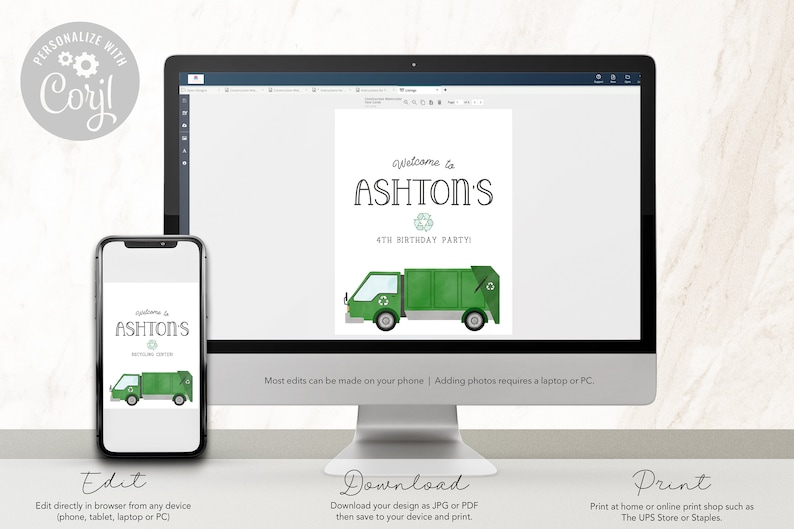 May include: Editable printable invitation for a 4th birthday party. The invitation features a green garbage truck with a recycle symbol and the text "Welcome to Ashton's 4th Birthday Party!"
