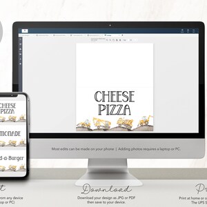 May include: A digital mockup of a printable sign for a food stand at a construction-themed party. The sign features a watercolor illustration of yellow construction vehicles driving on a dirt road. The text on the sign reads "CHEESE PIZZA".