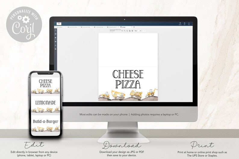 May include: A digital mockup of a printable sign for a food stand at a construction-themed party. The sign features a watercolor illustration of yellow construction vehicles driving on a dirt road. The text on the sign reads "CHEESE PIZZA".