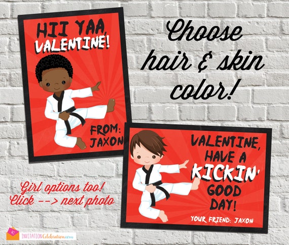 Karate Valentine - PRINTABLE - Personalized - Karate Kid - Boy - Girl - Classroom Valentine Cards - You Pick Hair and Skin or Use Photo Il_570xn