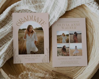 Boho Graduation Invitation, Canva Template, Editable Grad Party Invite, Printable Natural Beige Cream Blush Announcement Card Arch Photo