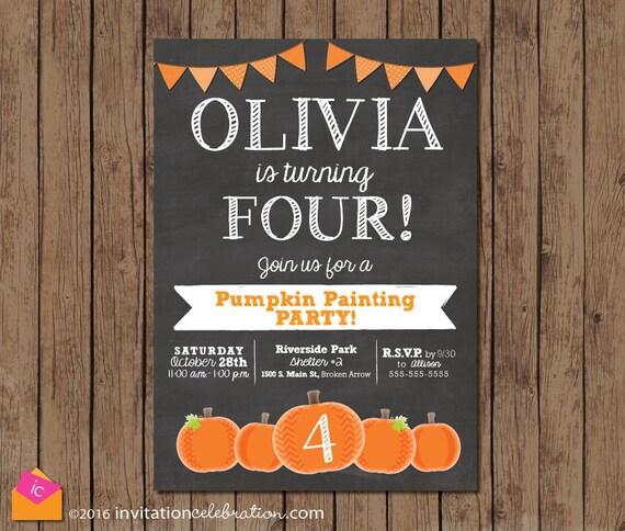 Pumpkin Painting Party - PRINTABLE - Chalkboard - Boy or Girl Birthday - Choose Digital Format or Printed w/Envelopes Il_570xn