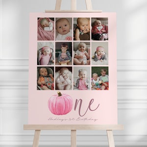 Pink Pumpkin is ONE Photo Display, 12 Month Picture Board, Girl 1st Birthday Photo Poster, One Year Photo Board Little Pumpkin, EDITABLE