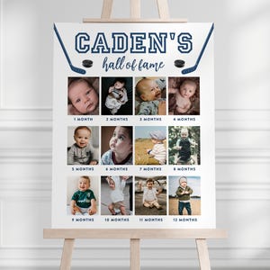 Tableau photo du Temple de la renommée du hockey, présentoir de photos 12 mois, affiche de hockey sur glace pour le 1er anniversaire, collage de fête d'anniversaire de hockey - modèle modifiable