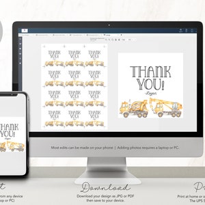 May include: Printable thank you cards featuring a yellow construction truck and the text "Thank You!" with a name placeholder. The cards are designed for a construction-themed party.