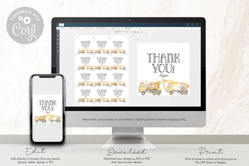 May include: Printable thank you cards featuring a yellow construction truck and the text "Thank You!" with a name placeholder. The cards are designed for a construction-themed party.