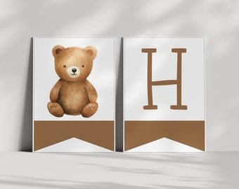 Banner del primer cumpleaños del oso de peluche - Bunting, primer cumpleaños de Beary - Descarga instantánea imprimible - Plantilla EDITABLE - Editar todo el texto