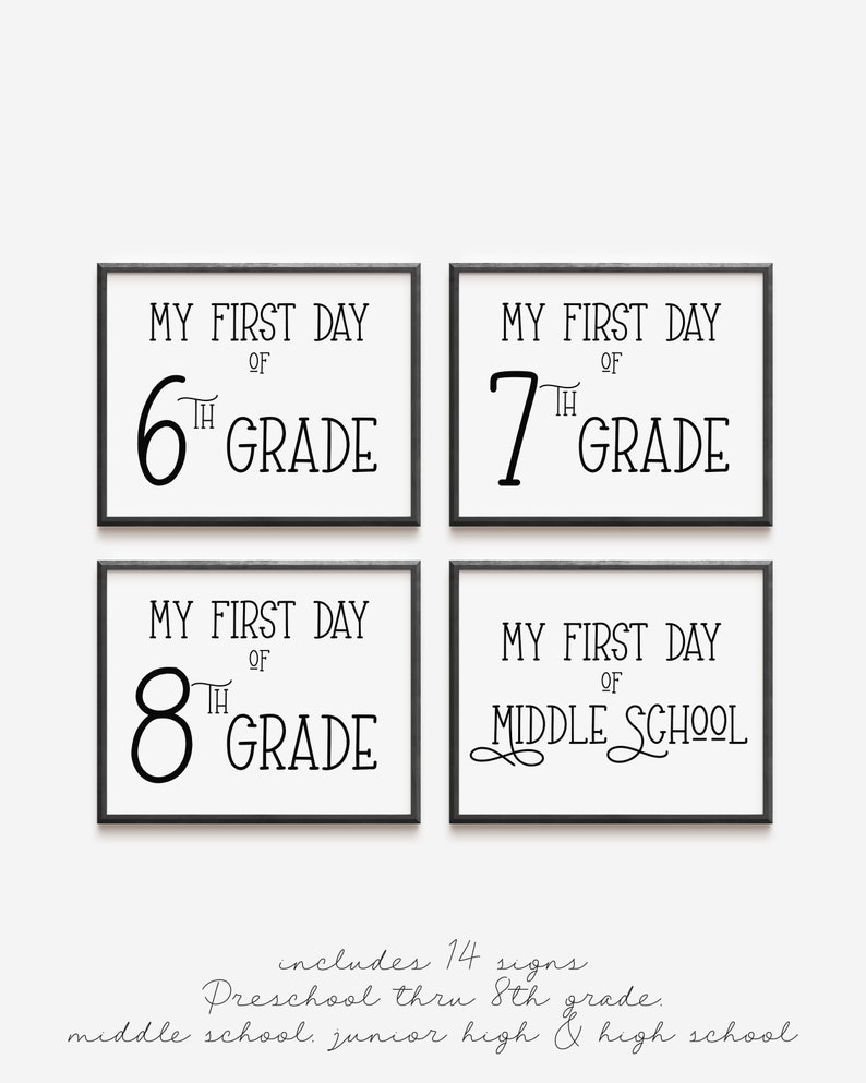 My First Day of School Sign Preschool through High School Printable Minimalist Black and White Set of 14 signs INSTANT DOWNLOAD image 3