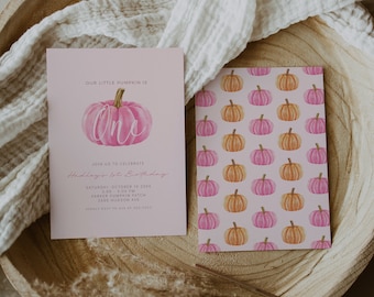 Our Little Pumpkin - Pink Pumpkin 1st Birthday Invitation - Girl First Birthday Party Invite - Printable - Editable Template