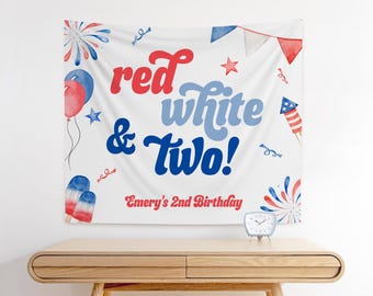 Red White and TWO Backdrop, Second Birthday Party Decorations - 4th of July Birthday, Patriotic 2nd Birthday Banner - FREE US Shipping