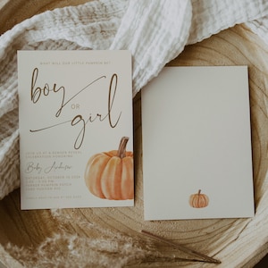 Invitación de revelación de género de calabaza - Our Little Pumpkin - Minimalista, neutral - Invitación de otoño para niño o niña - Bebé de otoño - Digital - EDITABLE