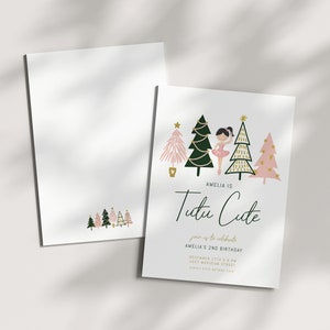 May include: A pink and green Christmas-themed invitation with a ballerina in a pink tutu standing in front of a row of decorated Christmas trees. The text reads "Amelia is Tutu Cute" and includes details for a 2nd birthday party.
