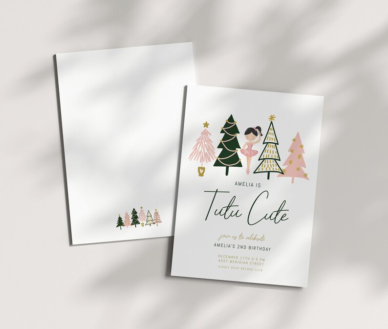 May include: A pink and green Christmas-themed invitation with a ballerina in a pink tutu standing in front of a row of decorated Christmas trees. The text reads "Amelia is Tutu Cute" and includes details for a 2nd birthday party.