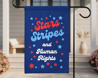 Bandera de jardín con la bandera de las barras y estrellas y los derechos humanos - Bandera patriótica de protesta para el porche - Igualdad e inclusión