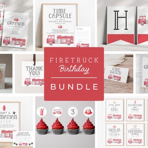 Puede incluir: Un paquete digital de cumplea&ntilde;os con tem&aacute;tica de cami&oacute;n de bomberos que incluye ilustraciones en acuarela de camiones, cascos e hidrantes. Incluye letreros, etiquetas, adornos para cupcakes y tarjetas con texto impreso.