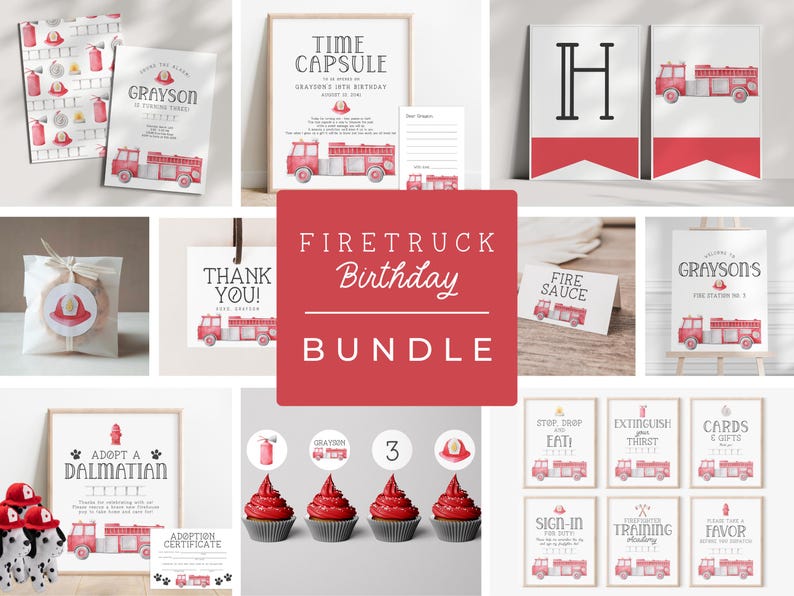 Puede incluir: Un paquete digital de cumplea&ntilde;os con tem&aacute;tica de cami&oacute;n de bomberos que incluye ilustraciones en acuarela de camiones, cascos e hidrantes. Incluye letreros, etiquetas, adornos para cupcakes y tarjetas con texto impreso.