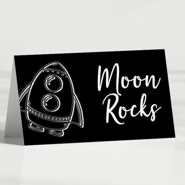 Space Party Tent Cards, Two the Moon Food Labels, Rocket Ship Birthday - Place card, Buffet Cards, Folded - EDITABLE template - DIY