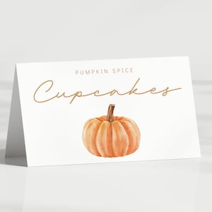 Pompoenfeesttentkaarten, minimalistische pompoenvoedseletiketten, kleine pompoen verjaardag - plaatskaart, buffetkaarten, gevouwen, BEWERKBARE sjabloon, DIY