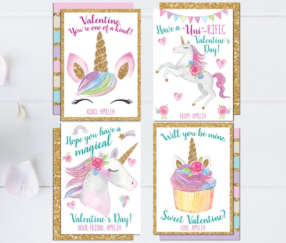 Unicorn Valentine Cards - PRINTABLE - Valentine Cards for Girls - Girl Valentine Card - Rainbow Unicorns - Cupcake - Personalized Valentines Il_570xn