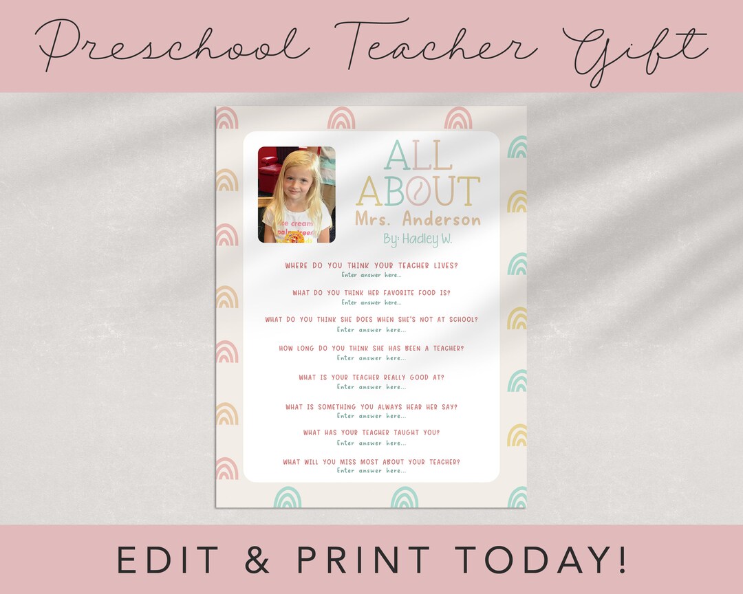 Preschool Teacher Appreciation Gift All About My Teacher Etsy