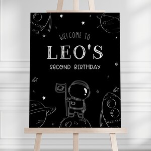 Two the Moon Sign - Outer Space Birthday Party Decor, Astronaut Welcome Sign, Black and White, Easel Sign - Editable Template - ANY AGE