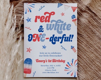 May include: Red, white, and blue birthday party invitation with a watercolor design. The invitation says "red & white ONE-derful!" and includes details for Emery's 1st birthday party.