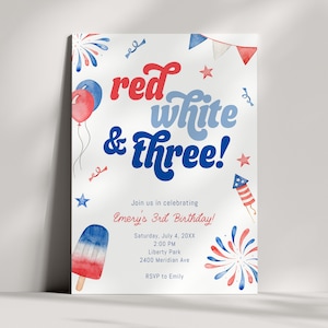Red White and THREE Invitation, Third Birthday Party Invitation, 4th of July Birthday, 3rd Birthday Party Evite, Editable Template Printable