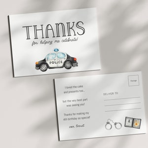 Cartão postal editável de agradecimento da festa da polícia - carro patrulha - cartão de agradecimento da festa de aniversário do policial - 4x6 - para impressão - modelo