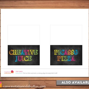 May include: Two printable tent cards with chalkboard backgrounds. The first card says "Creative Juice" in colourful letters. The second card says "Picasso Pizza" in colourful letters.