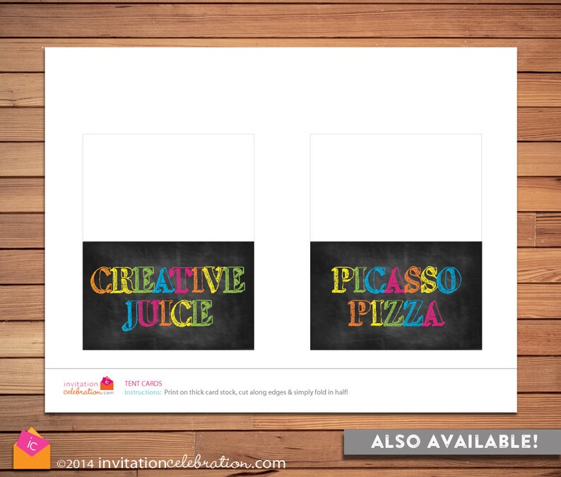 May include: Two printable tent cards with chalkboard backgrounds. The first card says "Creative Juice" in colourful letters. The second card says "Picasso Pizza" in colourful letters.