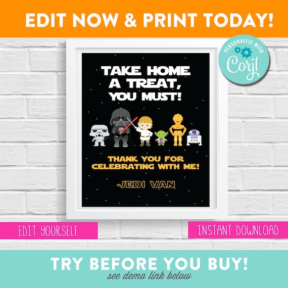 Star Wars Favor Sign - PRINTABLE - Birthday - Yoda - Jedi - Personalized - YOU EDIT - 5x7 and 8x10 included Il_570xn