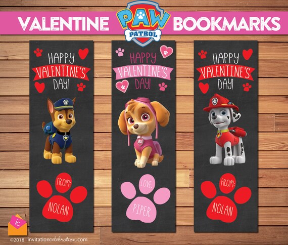 Paw Patrol Valentine Bookmarks - PRINTABLE - DIY - Chase - Marshall - Skye - PERSONALIZED with child's name - Preschool Valentine Cards Il_570xn